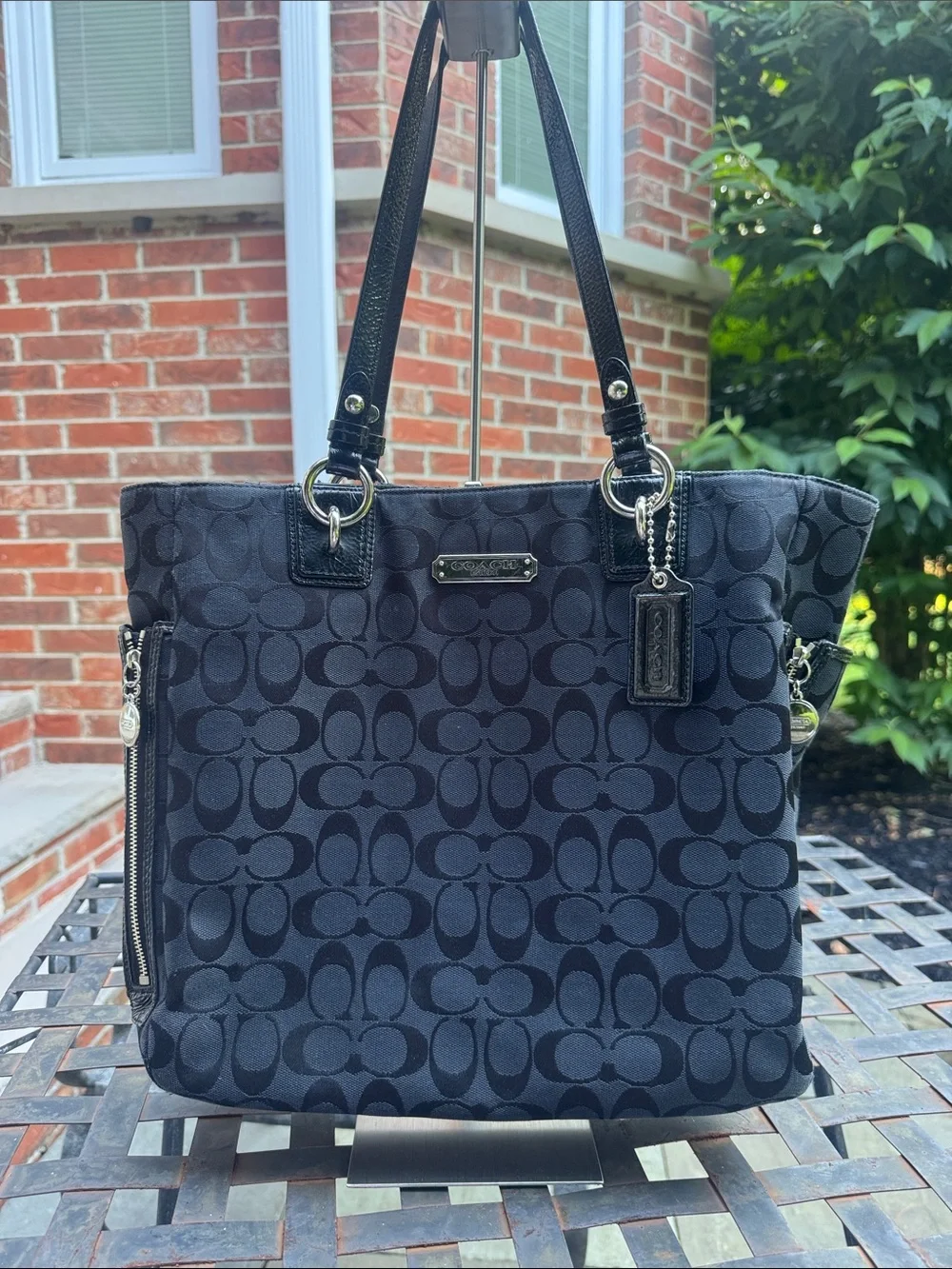 Coach Black Signature Jacquard Tote with Leather Trim